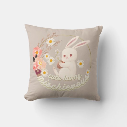 いたずら好きかわいいバニーと花のオーナメント クッション (正面)