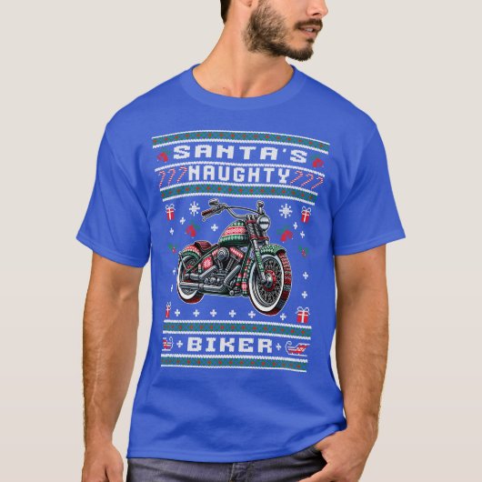 いたずら好きなバイカーのダサ可愛いクリスマスセーター Tシャツ (正面)