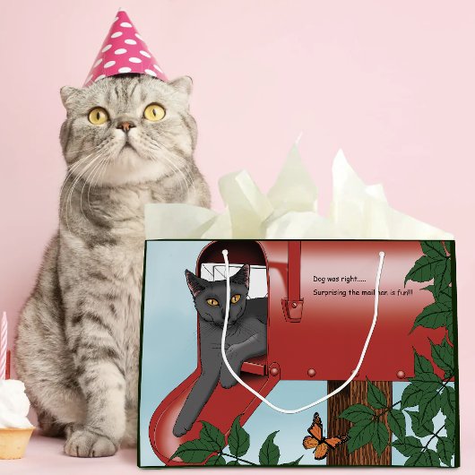 いたずら好きな赤い郵便箱の猫のユーモア ラージペーパーバッグ