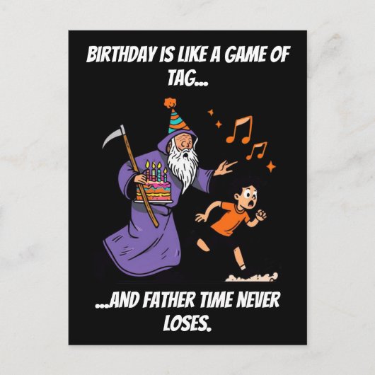 いたずら好きな魔法使いに追いかけられる誕生日タグ ギャグ ポストカード (正面)