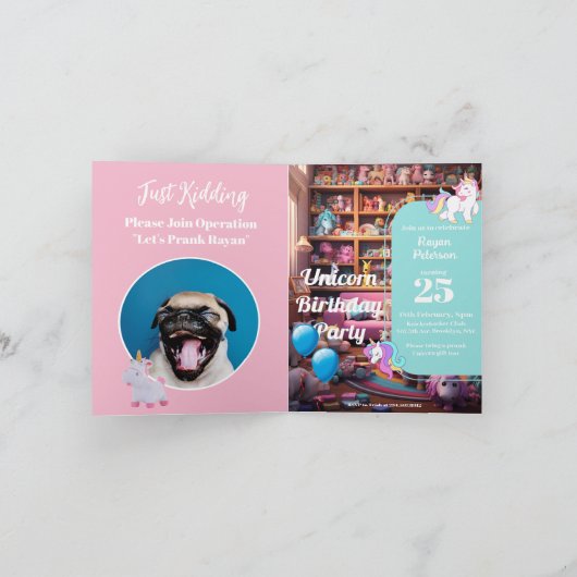 いたずら誕生日招待状、ユニコーン愛、カスタムパーティー 招待状 (内部)