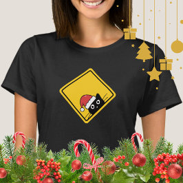 いたずら黒猫サンタの注意喚起サイン アメリカ風 Tシャツ