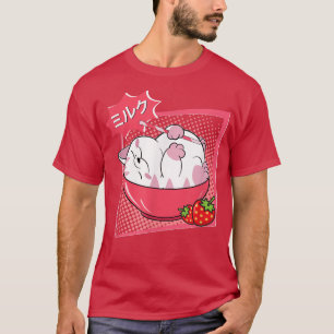 いちごおもしろいミルク猫かわいいアニメ猫ジャパネ Tシャツ