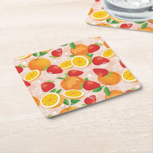 いちごが付いている抽象的なパターン スクエアペーパーコースター (アングル)