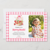 いちごとピンクのリボン Berry First 誕生日 写真 サンキューカード (正面)