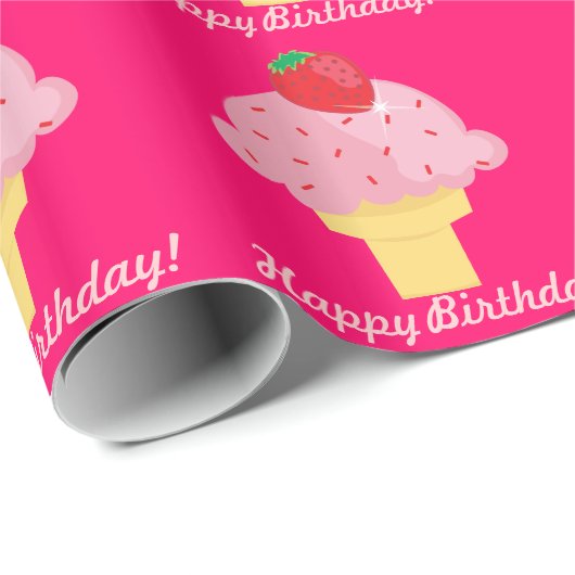 いちごのアイスクリームのハッピーバースデーのギフト用包装紙 ラッピングペーパー (ロールコーナー)