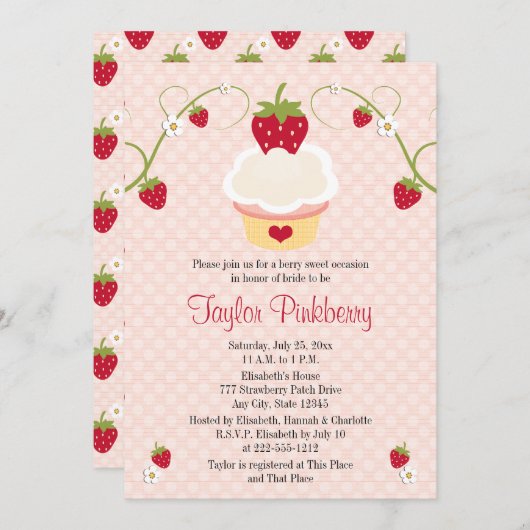 いちごのカップケーキのブライダルシャワーの招待状のピンク 招待状 (正面/裏面)