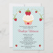 いちごのカップケーキのブライダルシャワーの招待状の青 招待状 (正面)