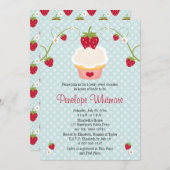 いちごのカップケーキのブライダルシャワーの招待状の青 招待状 (正面/裏面)