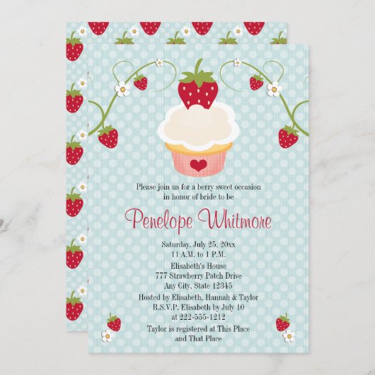 いちごのカップケーキのブライダルシャワーの招待状の青 招待状 (正面/裏面)
