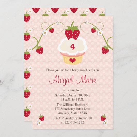 いちごのカップケーキの誕生日の招待状年齢 招待状 (正面/裏面)