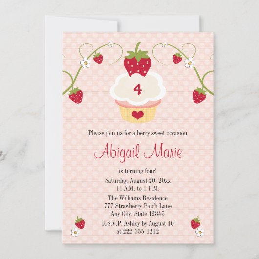 いちごのカップケーキの誕生日の招待状年齢 招待状 (正面)