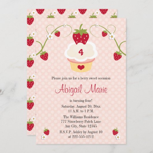 いちごのカップケーキの誕生日の招待状年齢 招待状 (正面/裏面)