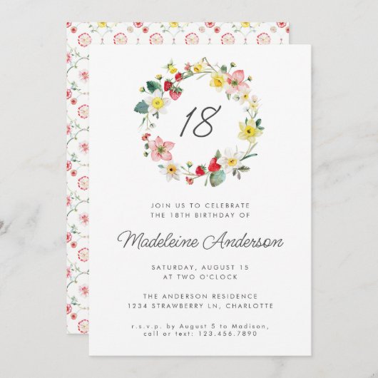 いちごのサマー フラワー リース 18歳の誕生日 招待状 (正面/裏面)