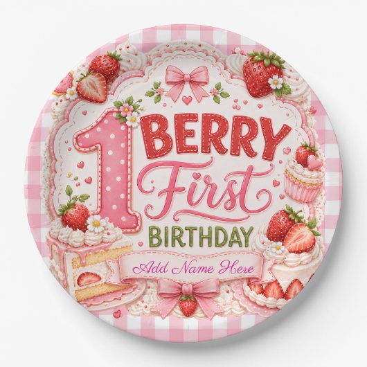 いちごのショートケーキで1歳の誕生日をお祝い ペーパープレート (正面)
