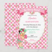 いちごのテーマのかわいい女の子のギンガム ピンク ミント 招待状 (正面/裏面)