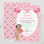 いちごのテーマのかわいい女の子のギンガム ピンク ミント 招待状 (正面/裏面)