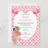 いちごのテーマの赤ちゃん女の子 ギンガム ピンク ミント 招待状 (正面)