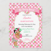 いちごのテーマの赤ちゃん女の子 ギンガム ピンク ミント 招待状 (正面/裏面)