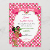 いちごのテーマの赤ちゃん女の子 ギンガム ピンク 緑 招待状 (正面/裏面)