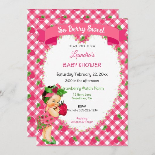 いちごのテーマの赤ちゃん女の子 ギンガム ピンク 緑 招待状 (正面/裏面)