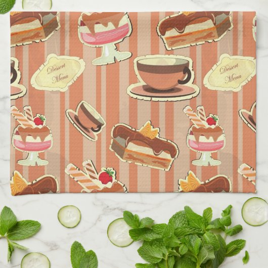 いちごのデザートが付いているヴィンテージカード キッチンタオル (折り畳み)