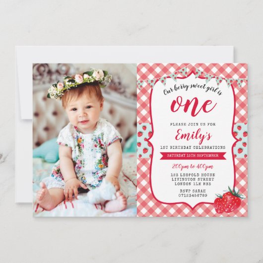 いちごのピクニック写真の第1誕生日の招待状 招待状 (正面)