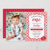 いちごのピクニック写真の第1誕生日の招待状 招待状 (正面/裏面)