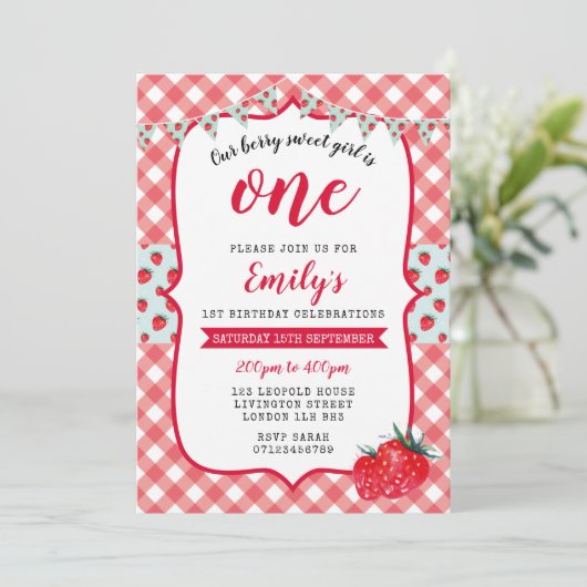 いちごのピクニック第1誕生日の招待状 招待状 (スタンド正面)