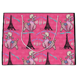 いちごのピンクのパリの魅力的なプードル ラージペーパーバッグ