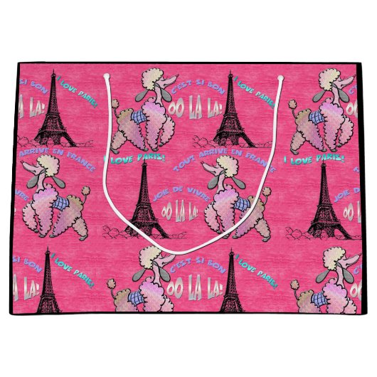 いちごのピンクのパリの魅力的なプードル ラージペーパーバッグ (正面)