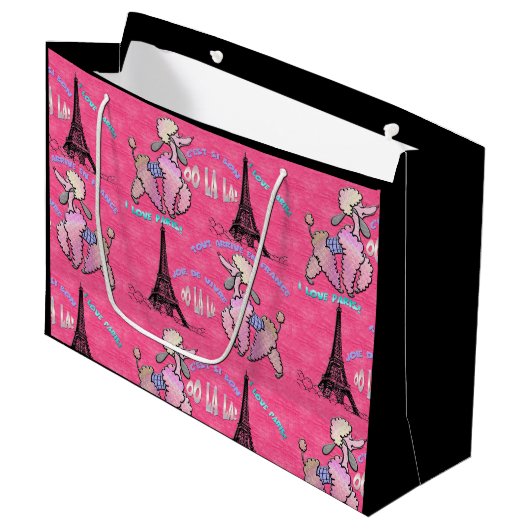 いちごのピンクのパリの魅力的なプードル ラージペーパーバッグ (正面アングル)
