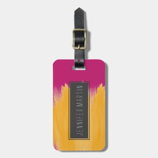 いちごのピンクのマンゴの黄色いブラシストローク ラゲッジタグ (正面縦)