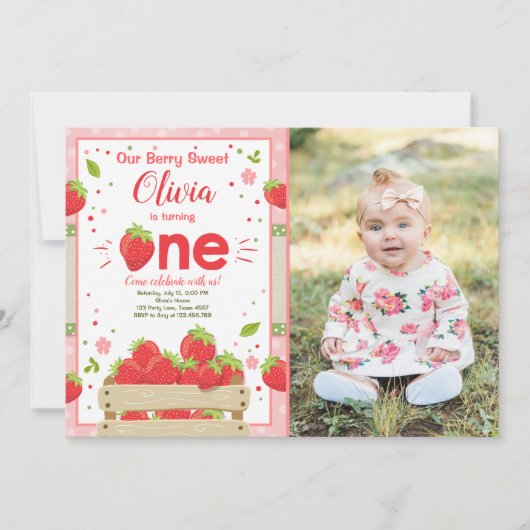 いちごのファーストバースデー招待状 夏のフルーツ 招待状 (正面)