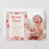 いちごのファーストバースデー ピンクのリボンの写真 1歳の誕生日 招待状 (正面)