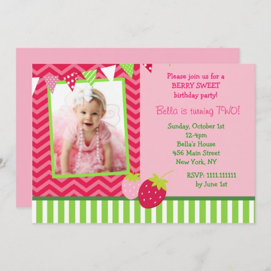 いちごの写真のバースデーパーティ招待状 招待状 (正面/裏面)
