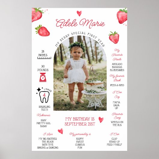 いちごの写真 ファーストバースデー マイルストーン ポスター (正面)