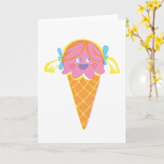 いちごの女の子のアイスクリームの挨拶状 カード (黄色い花)