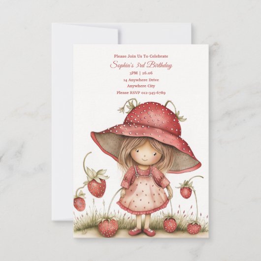 いちごの女の子のパーティー招待状 招待状 (正面)