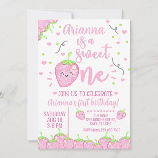 いちごの女の子の1歳の誕生日招待状、Sweet One。 招待状 (正面)