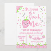 いちごの女の子の1歳の誕生日招待状、Sweet One。 招待状 (正面/裏面)