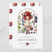 いちごの女の子の1歳の誕生日 招待状 (正面/裏面)