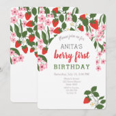 いちごの女の子 1歳の誕生日 招待状 (正面/裏面)