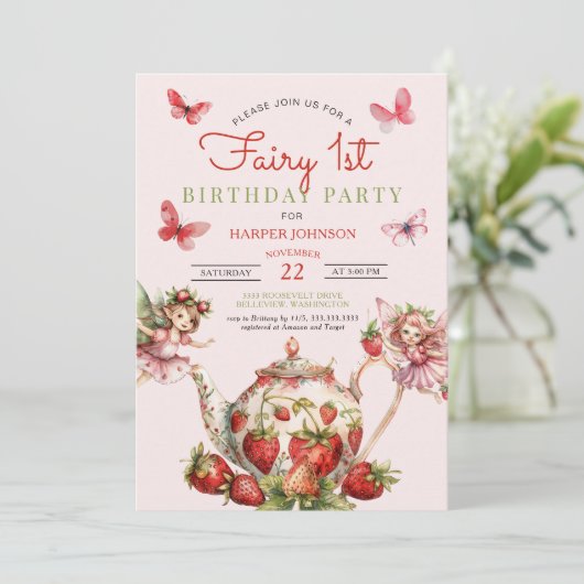 いちごの妖精 1st ティーポット 1st 誕生日 招待状 (スタンド正面)