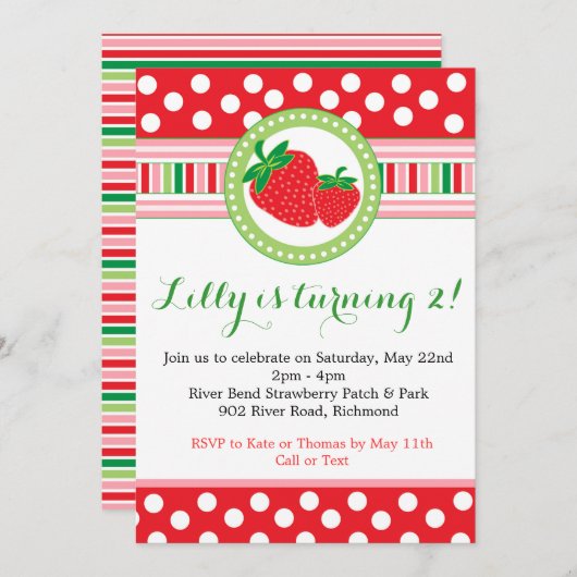 いちごの水玉模様のパーティの招待状 招待状 (正面/裏面)