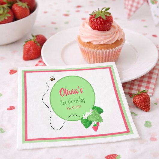 いちごの甘いお名前入り1歳の誕生日 スタンダードランチョンナプキン