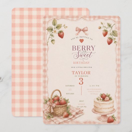いちごの甘いバースデー招待状 招待状 (正面/裏面)