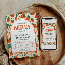 いちごの甘い1歳の誕生日パーティー 招待状