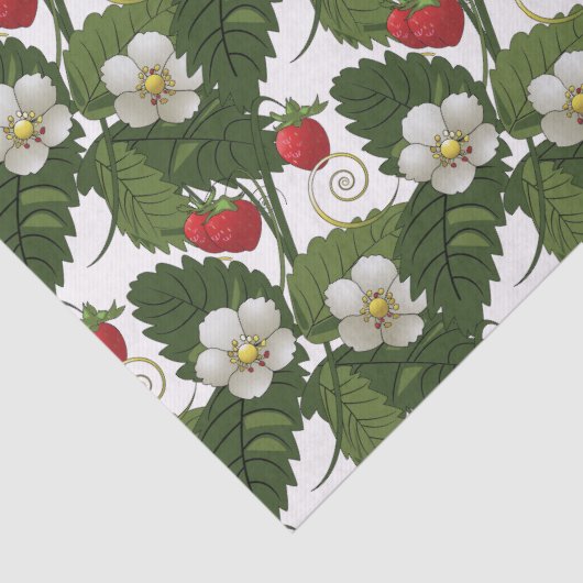 いちごの白い花と緑の葉の花柄 薄葉紙 (詳細)
