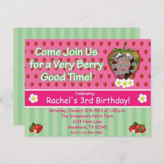 いちごの誕生日のパーティの招待状 招待状 (正面/裏面)